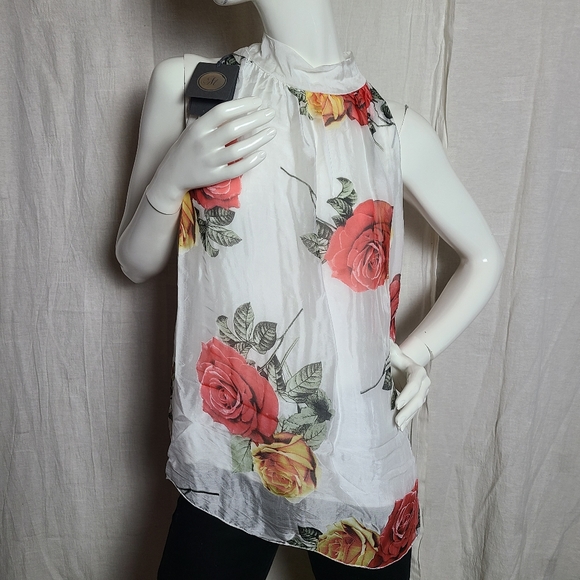 M Made in Italy Women's Silk Floral Roses Sheer Tie Back Sleeveless Blouse - Picture 3 of 14